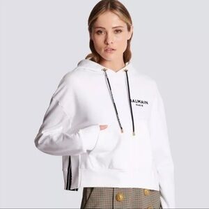 NWT • Balmain • Women's Flocked Logo Cotton Crop Hoodie • White • Small
